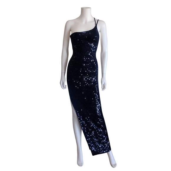 NOOKIEOne Shoulder Black Sequin Maxi Gown XS Slit Evening Formal Dress